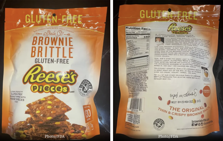 The Gluten Free Reese’s Pieces Brownie Brittle was sold in stores nationwide and online in a 4-ounce pouch marked with UPC 711747011562 and lot codes SG 1054 15/NOV/2023 1S and SG 1054 15/NOV/2023 2S on the backside of the pouch. If you have purchased this product, the FDA advises you to discard it or return it to the place of purchase for a full refund.